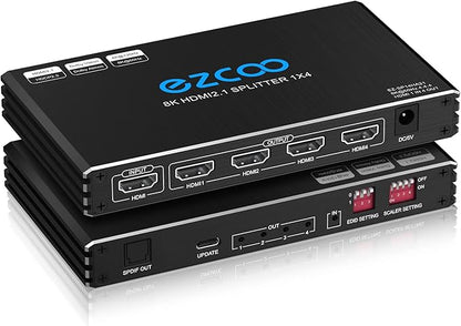 HDMI Splitter 1x4 4K 120Hz 4:4:4 HDR 8K 60Hz VRR G/Sync EDID Switch HDCP 2.2,HDCP 2.3 Bypass,Duplicate/Mirror,EDID,Copy,Downscale, HDR for Game PC Xbox PS5 Roku Fire TV