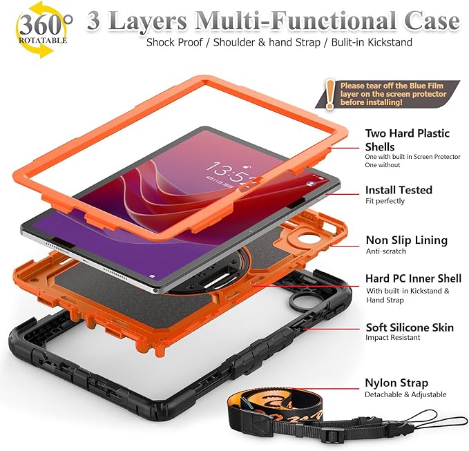 SEYMAC stock Tablet Case for Lenovo Tab M11 (TB-330FU/TB-330XU) 11 inch Drop-Proof Protection Cover with 360° Rotate Stand & Strap [Pen Holder] & Screen Protector/K11/Xiaoxin Pad 2024, Orange+Black