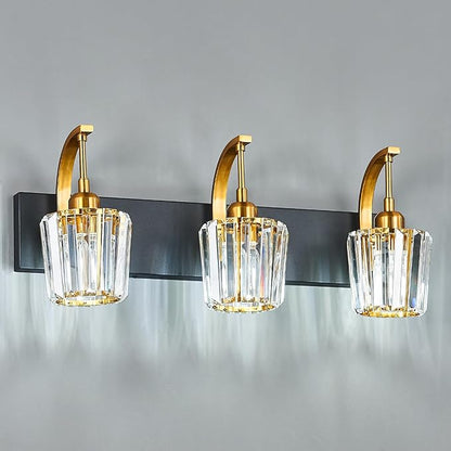 FDPBY Modern Bathroom Vanity Light, 3-Light Black Gold Wall Sconce with Crystal Accents, Over Mirror Bathroom Lighting Fixture, 23.62" Long Dimmable Vanity Lamp for Makeup, Easy Installation