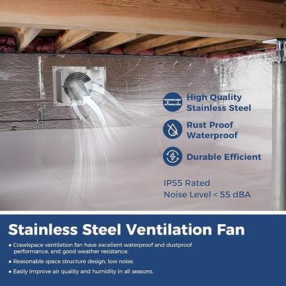 ALORAIR 570CFM Crawlspace Ventilation Fan with Humidistat, IP55 Rated Basement Stainless Steel Exhaust Fan, Built-In Isolation Net 8.1 Inch Foundation Vent Fan for Crawl Space, Garage, Attic,Grow Tent