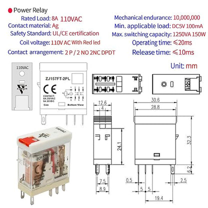 ZJWZJH Power Relay Electromagnetic with Test Button 110V 120V AC 8Amp DPDT 2Pole 2NO 2NC Socket with Indicator LED Module, UL Certification (8 Pin- 8A, AC 110V)