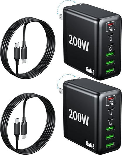 2 Pack USB C Charger Block 200W,6 Port Foldable Fast Charger Type C Charger iPhone 17 16 Fast Charging PD 3.1 Charging Station for All iPhone/Samsung Galaxy S25/S24/MacBook Pro/iPad