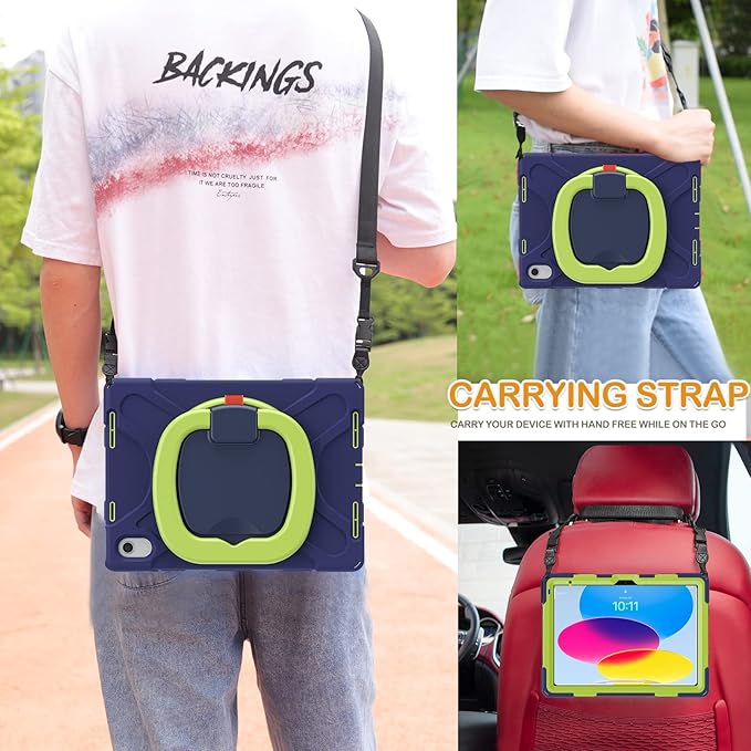 BRAECN Case for iPad (A16) 11th/10th Generation 11”/10.9'' 2025/2022-Rugged Silicone Cover with Swivel Ring Stand/Pencil Holder/Handle Grip/Kickstand/Screen Protector/Shoulder Strap, Navy Green
