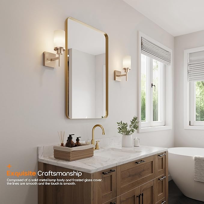 AONEON Vanity Lighting Fixtures with White Frosted Glass Champagne Bronze Wall Lamp Over Bathroom Mirror for Bedroom, Living Room, Washroom Porch T001CPG-L1