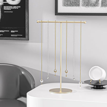 Justsoso Metal T-Bar Necklace Holder Stand, Necklace Hanging Display Stand, Tabletop Jewelry Organizer Stand for Necklace Bracelet Earring Display (Gold With Metal Base)