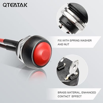 QTEATAK 1/2"(12mm) Pre-Wired Mounting Hole On/Off Red Mini Round Waterproof Momentary Push Button Switch JF-33B -2Pack
