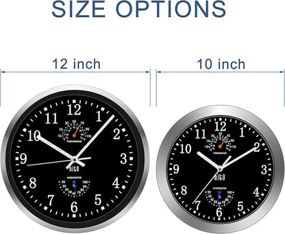 HITO 12 Inch Silent Wall Clock Battery Operated Non Ticking Glass Cover Silver Aluminum Frame, for Kitchen, Bedroom, Home Office, Living Room Decor (12" Black)
