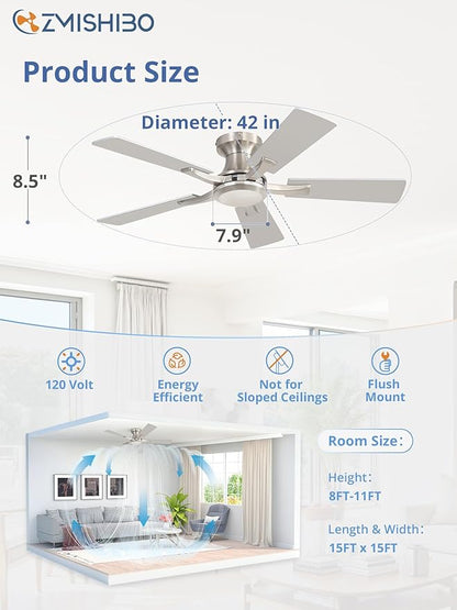 ZMISHIBO 42 Inch Ceiling Fan No Light, Flush Mount Low Profile, Modern Nickel Ceiling Fan Without Light, Remote Control & Quiet DC Motor, for Indoor&Outdoor, Bedroom, Living Room