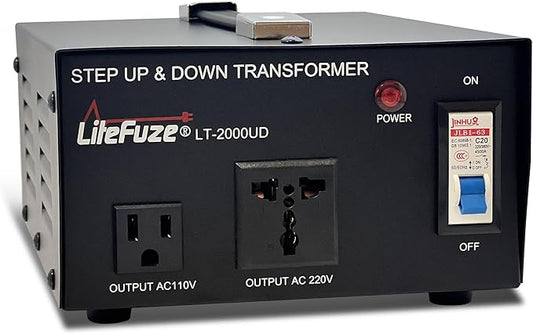 LiteFuze 2000 Watt Voltage Converter Transformer Step Up/Down - 110v to 220v / 220v to 110v Power Converter - Fully USA Grounded Cord - Universal Outlet Socket, 2x US Outlets - CE Certified