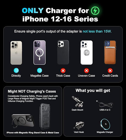 for Mag-Safe Car Mount Charger Dash Vent Windshield Wireless Car Charger with LED Light, Strong Magnetic Phone Holder for Car for iPhone 16 15 14 13 12 Series(Cyan)