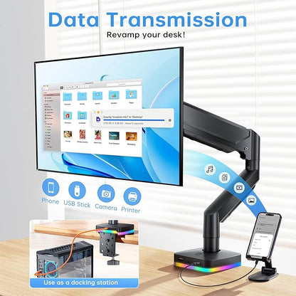 RGB Single Monitor Stand, Gas Spring Monitor Arm with 3 USB Ports, Charging and USB Data Transfer Function, Desk Mount for 13"-32" Monitors up to 19.8lbs, Adjustable Height, Tilt, Swivel, Rotate