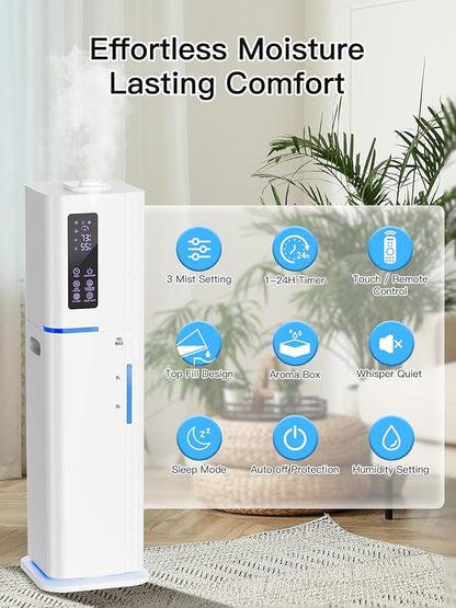 Zeova 10L/2.64Gal Humidifiers for Bedroom, Top Fill Quiet Ultrasonic Cool Mist Humidifier Large Room, Covers 550ft², 60H Runtime, 24H Timer, 3 Mist Modes Humidifiers for Home, Office, Plants, White
