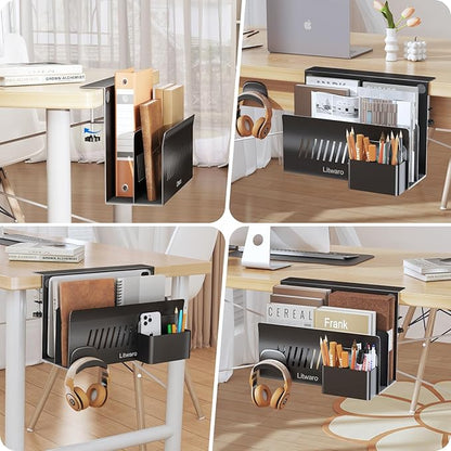 Litwaro Desk Side Storage Organizer, 2 Tier Laptop Holder Clamp on Desk Organizer, No Drill Laptop Mount with Magnetic Pen Holder, Hanging Desk Organizer Fits Flat Edge Table 0.4" to 2.1" (Black)