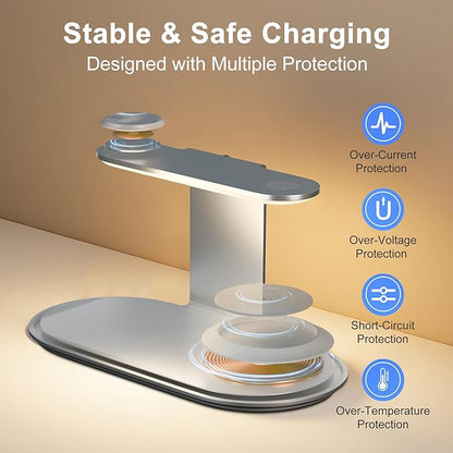 4-in-1 for Magsafe Wireless Charging: 15W Qi Magnetic Fast Charger Station Pad with Night Light for iPhone 16 15 14 13 12 Pro Max - for Apple Watch and AirPods Series - Desk Nightstand Bedside, Silver