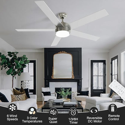 POCHFAN 60 Inch Brushed Nickel Ceiling Fans with Lights and Remote Control, Quiet Modern Ceiling Fan for Bedroom, Living Room,Dining Room,Dimmable 3-Color Temperatures 6-Speed