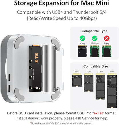 Akkyajaure 40Gbps USB4 Hub & Stand for Mac mini M4/M4 Pro, All-Aluminum Docking Station with 40Gbps M.2 SSD (NVMe PCle) Enclosure, 3*USB 2.0, 3.5mm Audio, USB4 Host | Mac mini M4 USB-4 Dock