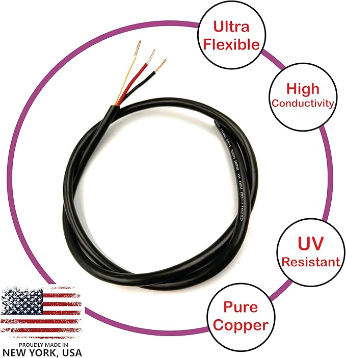 NATIONAL Wire & Cable – 10 AWG 3-Conductor Premium Copper Wire, 500 ft, Stranded | Made in USA, Heavy-Duty Flexible Jacket | Automotive, Solar, Battery, Indoor and Outdoor Use