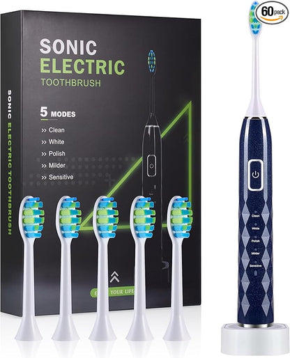 ZUAMEGU Sonic Electric Toothbrush for Adults - Deep Cleaning Teeth Whitening6 Replacement Brush Heads100-Day Battery5 Modes w/SensitiveIPX7 Waterproof (Color Options)