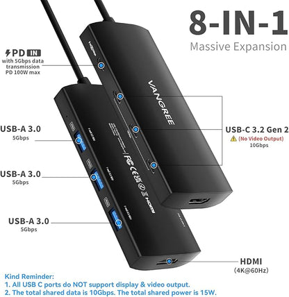 USB C Hub 8 in 1 Multiport Adapter, 3 USB 3.2 Gen 2 Ports with 10Gbps, 3 USB-A 3.0 5Gbps, 4K@60Hz HDMI, 100W PD, USBC Splitter for MacBook Pro, iPad Pro, Mac mini and More(Not Support USB-C Monitor)