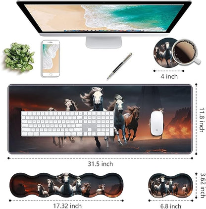 Ergonomic Keyboard Wrist Rest & Mouse Pad Wrist Rest Set, Large XXL Gaming Desk Mat 31.5"x 11.8" with Non-Slip Base, Memory Foam, Easy Typing Pain Relief for Home & Office, Running Horses
