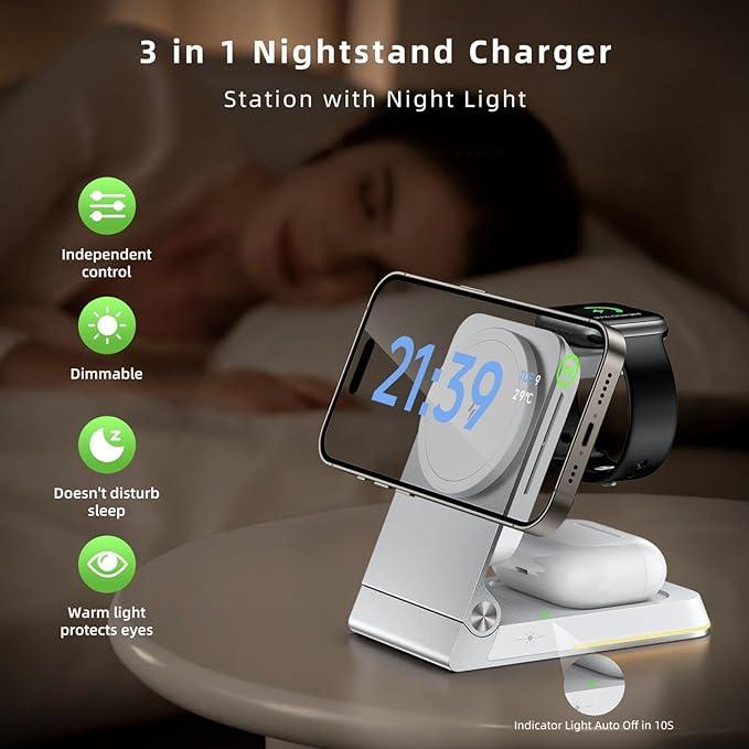 Aluminum 3 in 1 Wireless Charging Station,Foldable Wireless Charger for Apple Magsafe with Light,Portable Travel Magnetic Charger Stand for iPhone 16/15/14,Watch,Airpod, Include PD 20W Adapter & Case