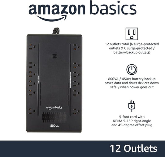 Amazon Basics UPS Battery Backup & Surge Protector 800VA/450W, 12 Outlets, Standby Uninterruptible Power Supply, for Power Outage Protection, Compact, Black