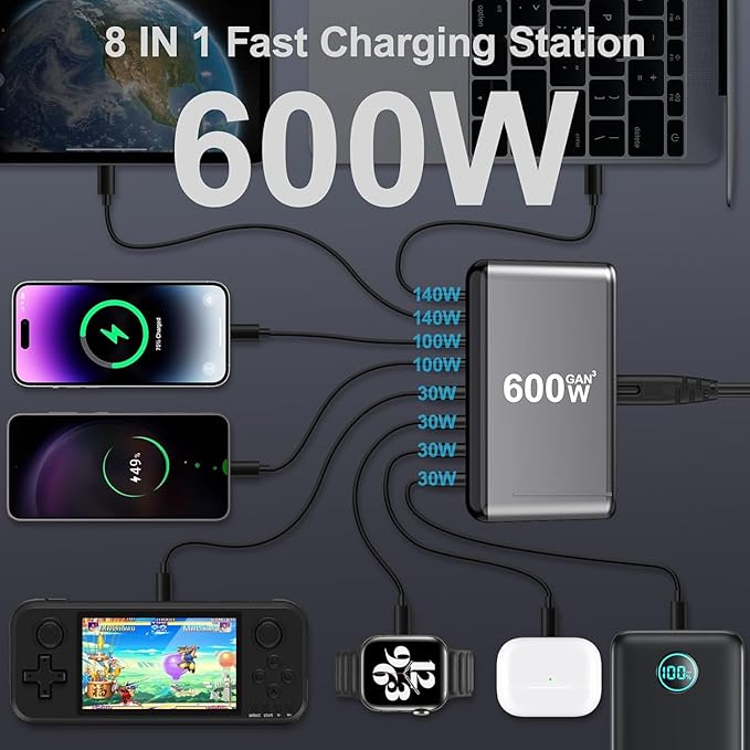 600W USB C Charger 100W USB C Charger Block, GaN III 8-Port Fast Charging Station Hub,PD 3.1 140W Laptop Charger Adapter Compatible with MacBook Pro/Air,DELL,Steam Deck,iPhone 16/15/14,Galaxy S25