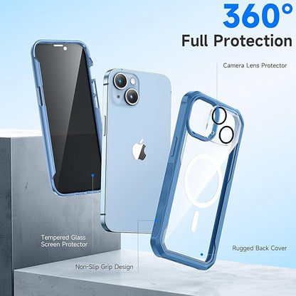 seacosmo for iPhone 14 Case, Full Body Bumper with Built-in 9H Tempered Glass Privacy Screen and Camera Lens Protector, Compatible with MagSafe, Shockproof 14 Phone Case, 6.1", Blue