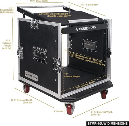 Sound Town Enhanced 1/2" (12mm) Plywood 10U PA DJ Pro Audio Rack/Road ATA Case with 11U Slant Mixer Top, 20’’ Rackable Depth and Casters, 10 Space Size, Pro Tour Grade (STMR-10UW)