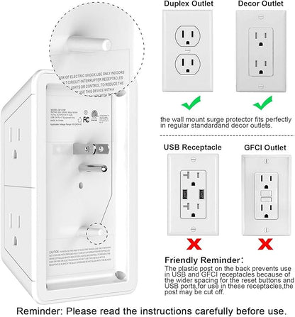5 Outlet Extender Multi Plug Wall Outlets with 4 USB Charging Ports (1 USB C Outlet), 3 Sided 1680J Surge Protector Power Strip USB Wall Charger for Home, Office, Travel, ETL Listed, White