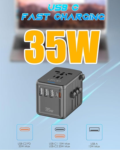Universal Travel Adapter 35W PD Fast Charging Offers 3 USB-A Ports, 2 USB-C Ports and Multi AC Outlet, International Plug Adapter Worldwide Travel Charger All in One for EU US UK AUS