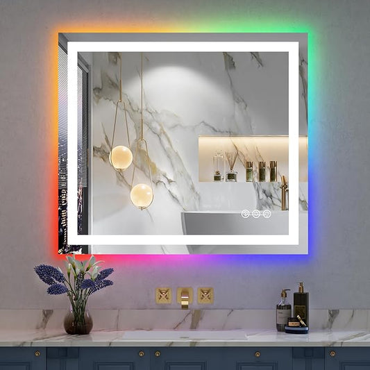 YEELAIT 32x36 Inch RGB LED Bathroom Mirror Front Light and RGB Backlit Lighted Vanity Mirror for Bathroom Wall Mounted Dimmable Anti Fog Memory Shatter-Proof IP54 Waterproof Horizontal/Vertical