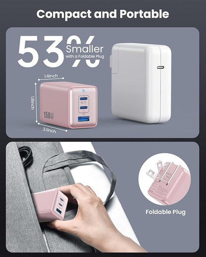 150W USB C Charger Block,GaN III Compact Foldable Wall Charger 3 Port Fast Charging Station,PD QC PPS Portable USB C Hub 100W Laptop Adapter for MacBook Pro/Air,iPad,iPhone 17/Pro,Galaxy S24,Dell etc
