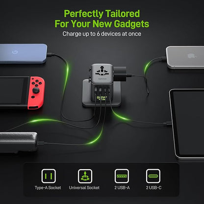 Epicka Pulse Duo 65W Universal Travel Adapter, International Power Adapter with PD & QC 3.0 Fast Charging for 2 Devices Simultaneously, European Travel Plug Adapter, Travel Essentials (Black)