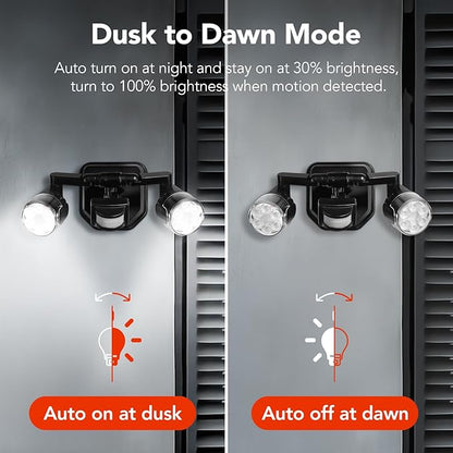 OREiN Outdoor Motion Sensor Security Light, 450° Adjustable 3-Head Floodlight, 2500 Lumens Bright Hardwired Dusk to Dawn Light, IP65 Waterproof, Black