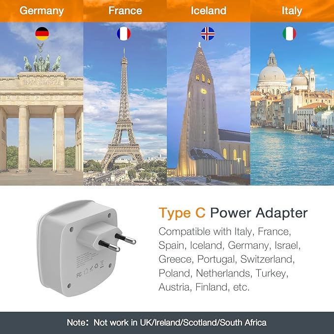 TESSAN European Travel Plug Adapter 2 Pack, US to Europe Power Adaptor with 2 USB 2 AC Outlets, International Charger USA to Most of EU Italy Iceland Spain France Greece Germany (Type C)