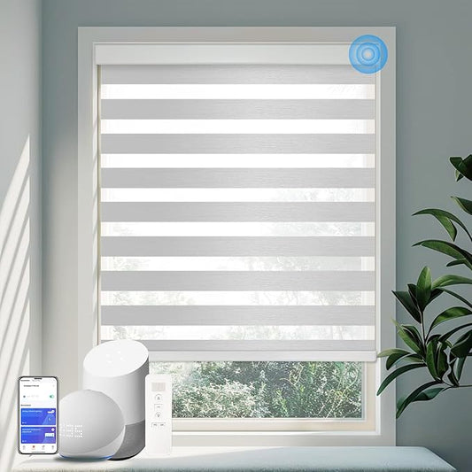 COOLWINDS Motorized Zebra Blinds for Windows Cordless Electric Curtains with Remote Control Blackout Shades Custom Smart Blinds Compatible with Alexa Google Home(Light Filtering Grey,W39 X 72in)
