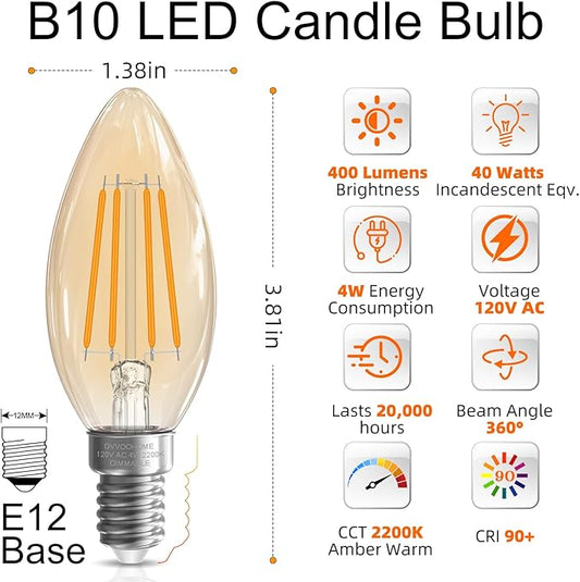 GvvooHome E12 Candelabra Bulb 40 watt Equivalent, E12 LED Bulb Dimmable Chandelier Light Bulbs, 2200K Amber Warm, B10 Candle Light Bulb, 90+CRI, 400LM, Amber Glass Finish, 12 Pack