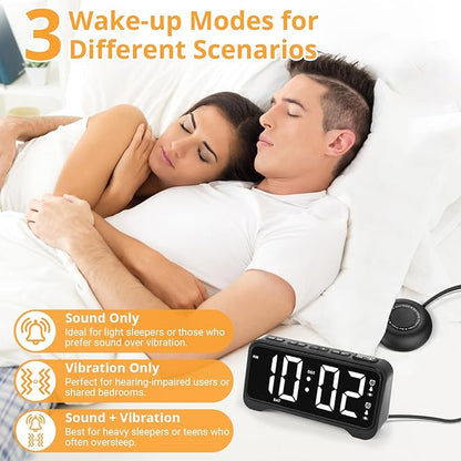 Loud Vibrating Alarm Clock for Heavy Sleepers with Bed Shaker Under Pillow, Hearing Impaired/Deaf/Teens, Dual Alarms, Adjustable Date, Nightlight & Battery Backup, Large LED Digital Display, 12/24H
