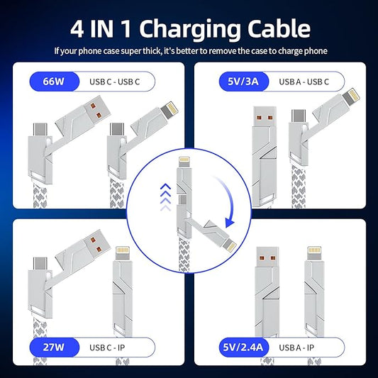 4 in 1 Charging Cable 5FT -MAX 66W Fast Charging Multi Charging Cable for All Devices, USB A/C to C/Lightning Cable Multiple iPhone Charger Cord for iPhone 16/15/14/13/iPad/Android/Tablets and More