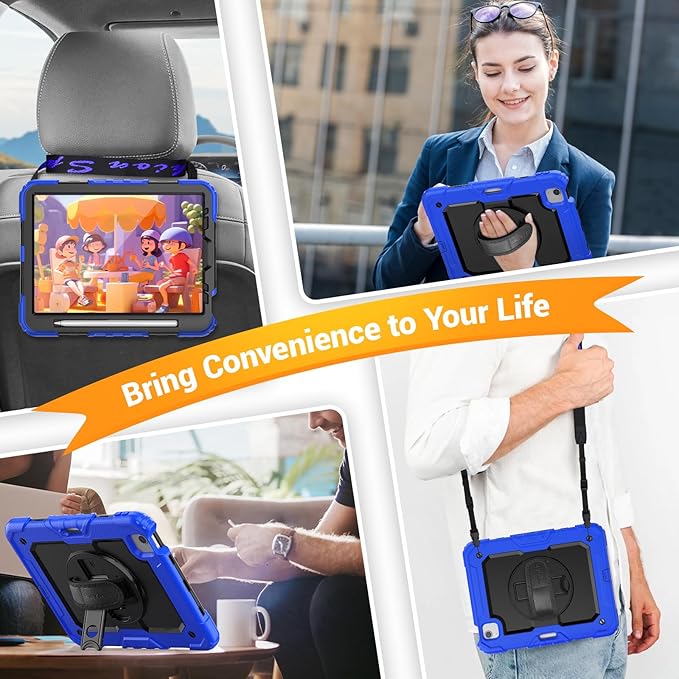 SEYMAC for iPad Air 5th/ 4th Generation Case 10.9 Inch, Full-Body Shockproof Protective Case with Screen Protector, Rotating Stand/Handle/Shoulder Strap/Pencil Holder for iPad Air 5/ Air 4, Blue