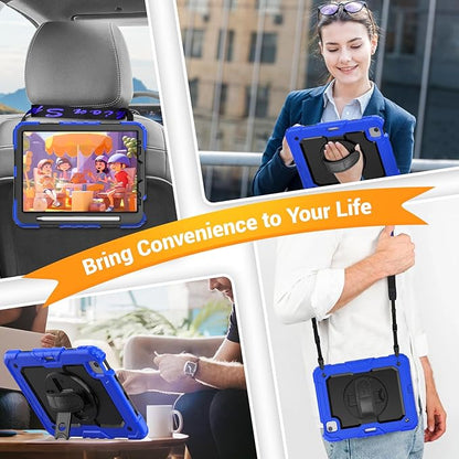 SEYMAC for iPad Air 5th/ 4th Generation Case 10.9 Inch, Full-Body Shockproof Protective Case with Screen Protector, Rotating Stand/Handle/Shoulder Strap/Pencil Holder for iPad Air 5/ Air 4, Blue