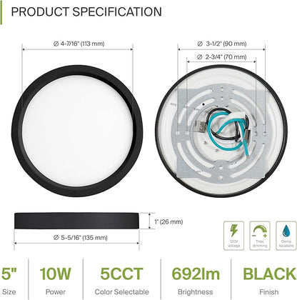 ASD LED 5" Round Flush Mount Ceiling Light Fixture, Low Profile Surface Lighting | 5CCT, Dimmable, Ultra-Thin, ETL Listed | 10W 700LM 2700-6000K 120V | Kitchen, Bedroom, Hallway Lamp | Black, 12 Pack