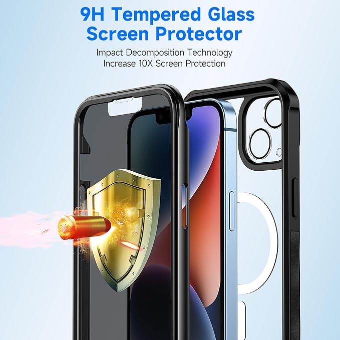seacosmo for iPhone 14 Case, Full Body Bumper with Built-in 9H Tempered Glass Privacy Screen Protector and Camera Lens Protector, Compatible with MagSafe, Shockproof Phone Cover, 6.1", Black