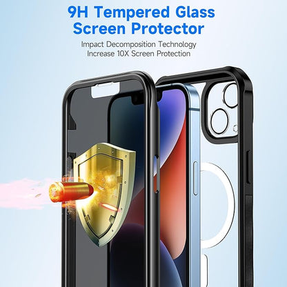 seacosmo for iPhone 14 Case, Full Body Bumper with Built-in 9H Tempered Glass Privacy Screen Protector and Camera Lens Protector, Compatible with MagSafe, Shockproof Phone Cover, 6.1", Black