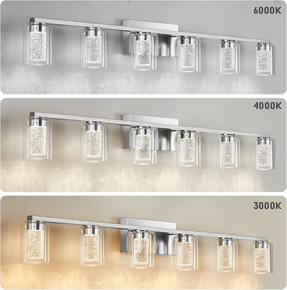 SADENICEL 6 Light Brushed Nickel Bathroom Light Fixtures, LED Vanity Lights Crystal White/Neutral/Warm Bathroom Lights Over Mirror for Bathroom, Bedroom,Living Room (6 Light)