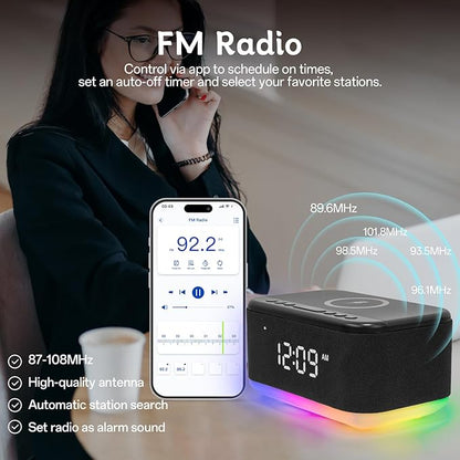 Bluetooth Alarm Clock Radio Bedroom, Digital Dual Alarm Clock Bedroom, Up to 10 Alarms Clock Night Light Speaker App/Button Control FM Charge Snooze Adjustable Brightness Dim 12/24H, Matte Black