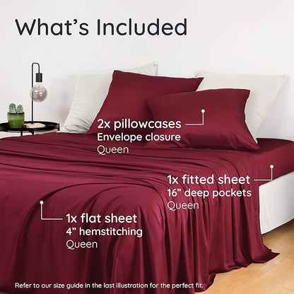 Bambaw Queen Size 4pcs Cooling Sheets Set 100% Viscose Derived from Bamboo, Luxury Bedding, Soft Sheets, Deep Pocket Fits Up to 16'' Mattresses (Burgundy)
