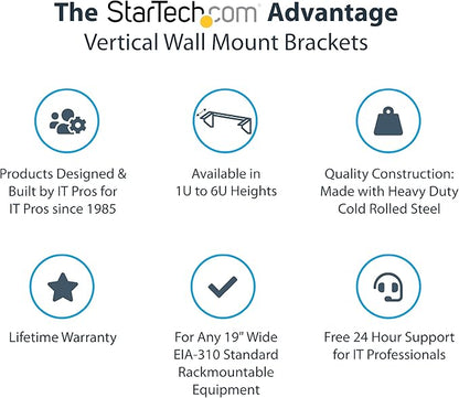 StarTech.com 1U Wall Mount Patch Panel Bracket – 19 in – Steel - Vertical Mounting Bracket for Networking and Data Equipment, TAA (RK119WALLV)