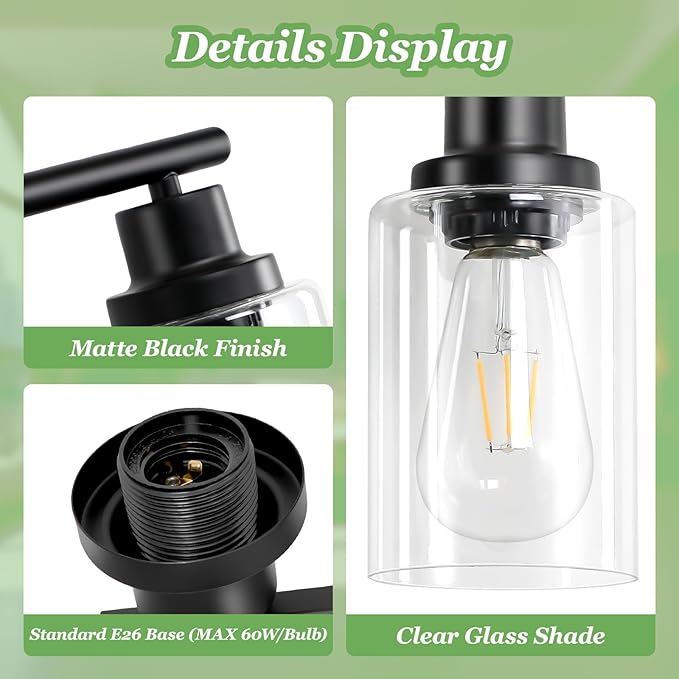 Guliaofo 8-Light Black Vanity Lights, Modern Bathroom Light Fixtures with Clear Glass Shade, Wall Lamps for Mirror Kitchen Hallway Cabinet Living Room Sconces Lights - E26
